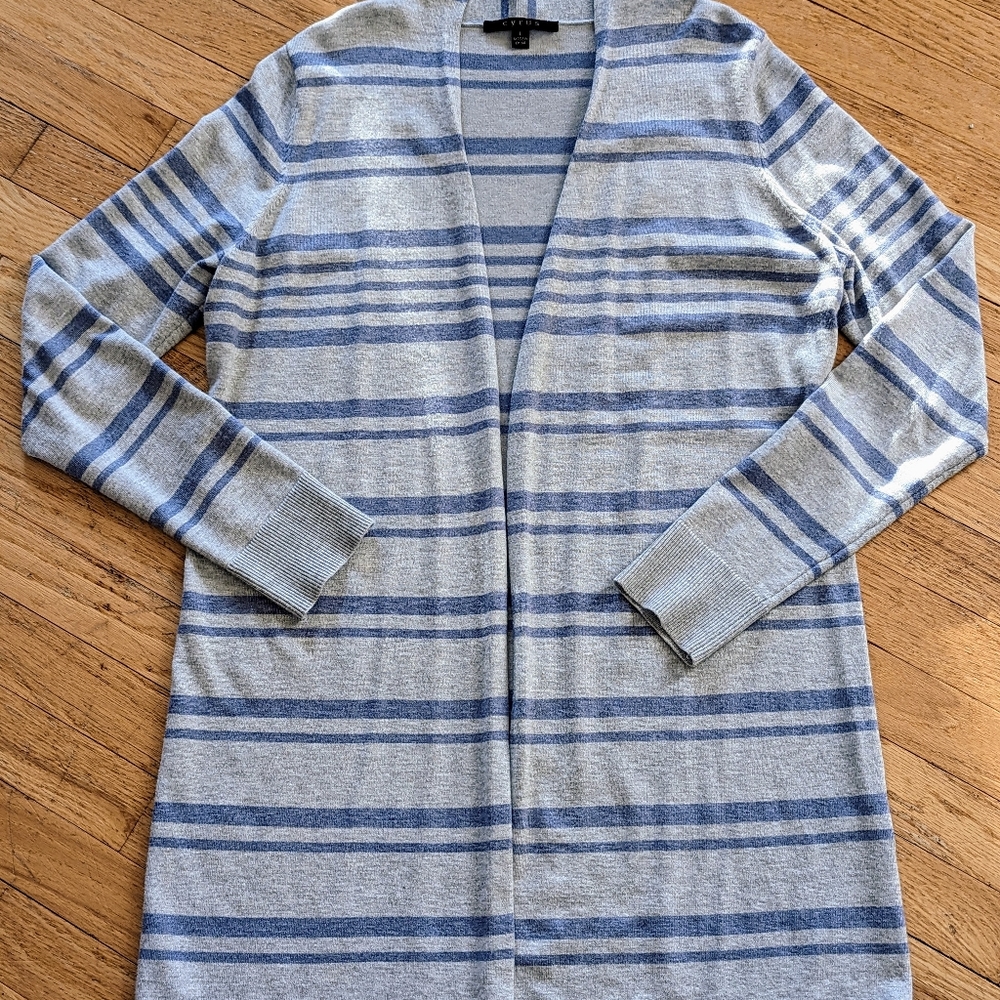 Gray and periwinkle stripe cardigan.